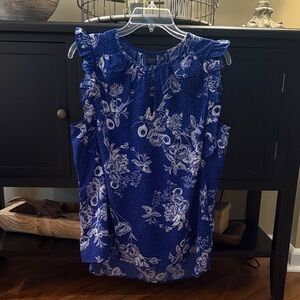 Kaari Blue Royal Blue Floral Sleeveless Ruffle Blouse